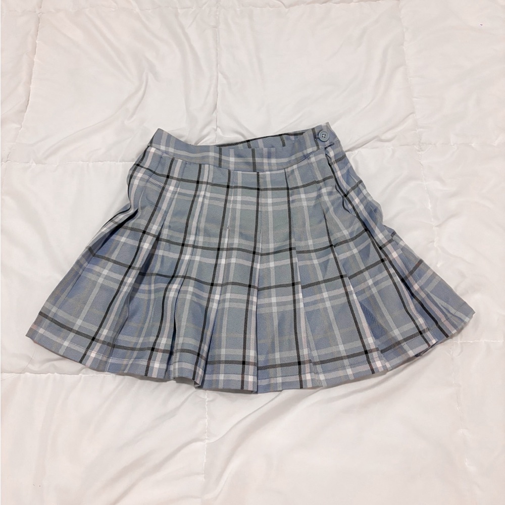 baby blue plaid pleated skirt